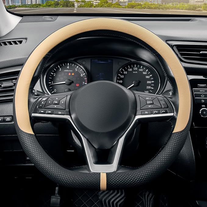 SEG Direct Flat Bottom Steering Wheel Cover Breathable, D Shaped Car Wheel Cover 14 1/2-15 in. (37-39 cm), Black Beige Microf