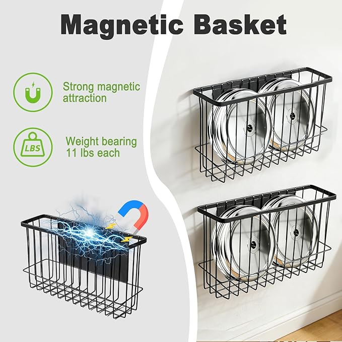 Funvalley Surperfect Magnetic Wire Mesh Storage Baskets, Black Steel Wall Mount Organizers, 2-Pack Large and Medium, Modern I