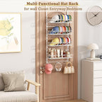 Over Door Hat Organizer 5 Tier Wall Mounted Hat Rack with 4 Adjustable Metal Basket and 3 Hooks Hat Organizer for Baseball ca