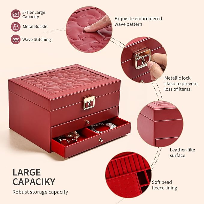 Greenfeather Jewelry Boxes for Women, Jewelry Organizer Box with Lid 3 Layers for Necklaces Rings Earrings and Bracelets Box 