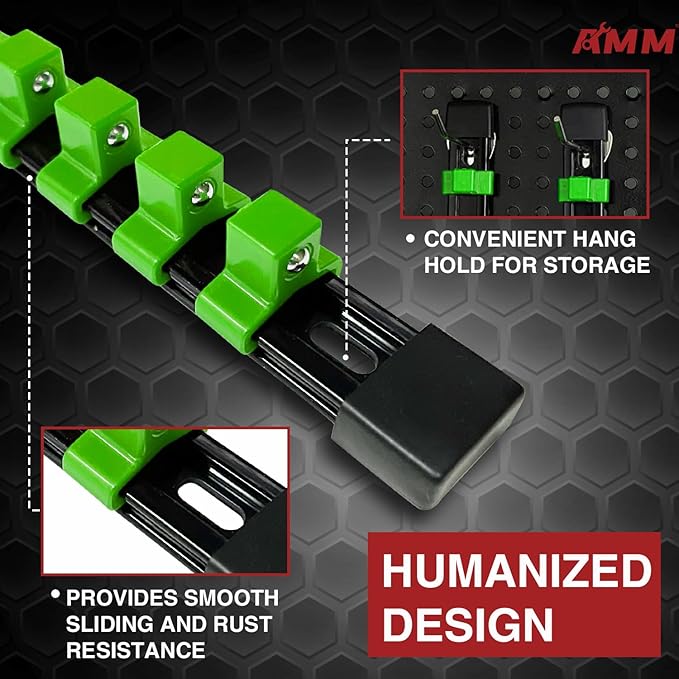 AMM 9-Piece Socket Organizer, 1/2 inch, 3/8 inch and 1/4 inch Drive ABS Tools-Green Socket Holder,Heavy Duty Socket Racks, Pr