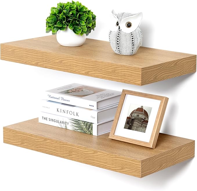 Deep Floating Shelves | 24 Inch Oak Floating Shelves Set of 2 | 12 Inch Deep Rustic Wood Shelves for Wall | 24" W x 12" D Oak