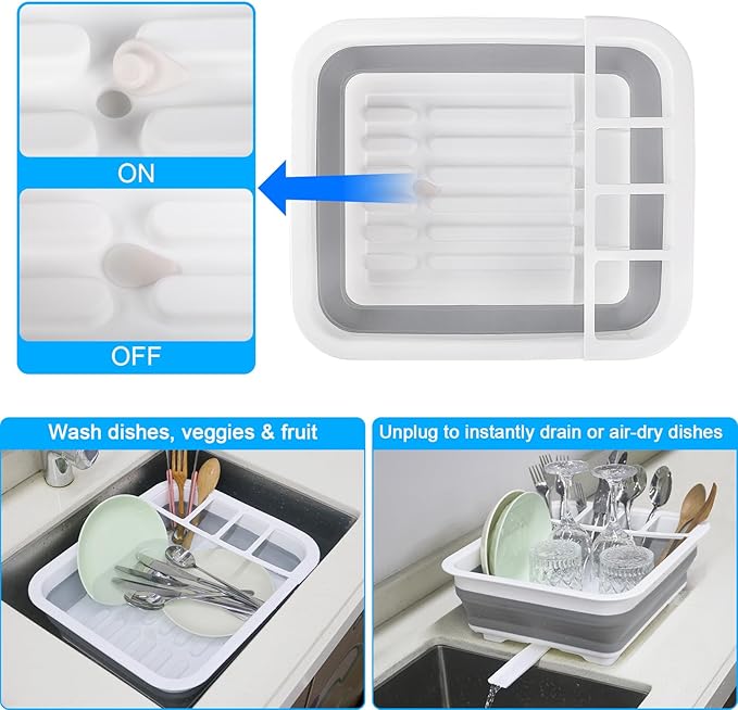 Collapsible Dish Drying Rack with Drain Plug Tube, Portable Dish Drainers for Kitchen Counter, Folding Dish Rack Over Sink Dr