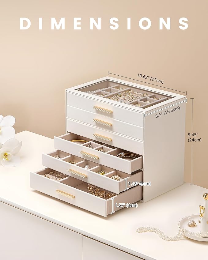 Lolalet Jewelry Box Organizer, 6-Layer Jewelry Organizers and Storage Case with Glass Lid, Ring Earring Bracelet Necklace Hol