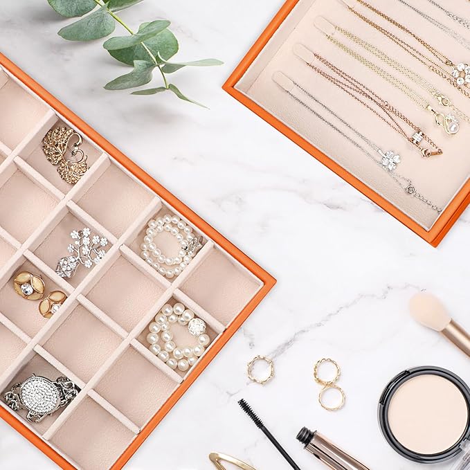 Voova Stackable Jewelry Organizer Tray with Lid, PU Leather Jewelry Storage Holder for Drawer Inserts, Jewellery Display Box 