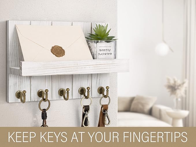 Rebee Vision Farmhouse Key Holder for Wall - Decorative Mail Organizer & Key Rack Wall Mount - Elegant 5 Sturdy Key Hooks wit