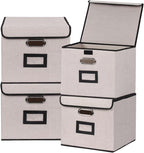 Large Square Storage Bin with Lid, Foldable Organizer Box with Handles & Label Design, for Office, Closet, Home, Documents, G