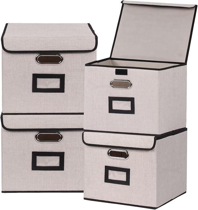 Large Square Storage Bin with Lid, Foldable Organizer Box with Handles & Label Design, for Office, Closet, Home, Documents, G