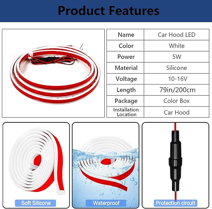 Flexible Car Hood Light Strip, 59 Inches Dynamic LED Daytime Running Light for Car, Truck, SUV, White Light, Easy to Install and Waterproof