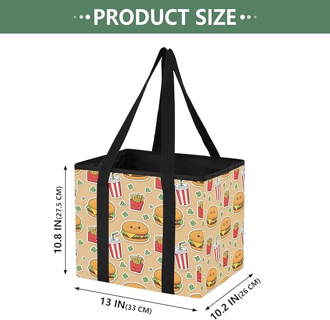 Kawaii Fast Food Reusable Grocery Bags Large Shopping Tote Bag with Reinforced Bottom Board, Water Resistant Foldable Storage