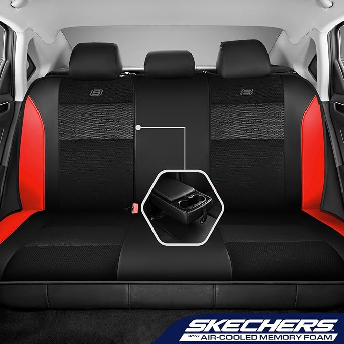 Skechers Aircooled & Memory Foam Seat Covers,Premium Leather with EVA Mesh Car Seat Covers,Seat Cover Full Sets,Airbag Compat