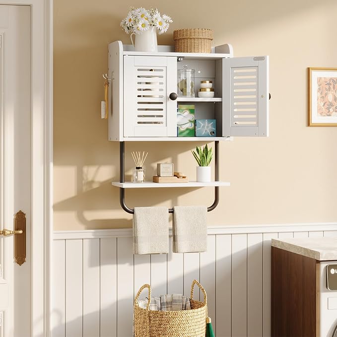 HOOBRO Medicine Cabinet, Double Doors Bathroom Wall Cabinet with Towel Bar, Adjustable Shelf, 2 Hooks, Over The Toilet Storag