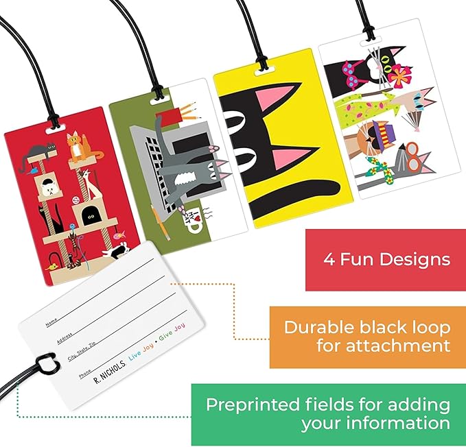 R. Nichols Cat Luggage Tag Set - Sturdy Waterproof Plastic Travel Labels for Baggage, Suitcases, Backpacks, and Diaper Bags, 