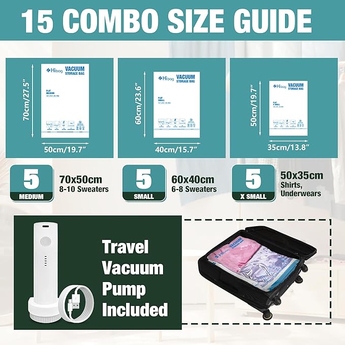 Travel Vacuum Bags with Electric Pump, Vacuum Travel Bags for Luggage and Suitcase, Combo 15 Pack