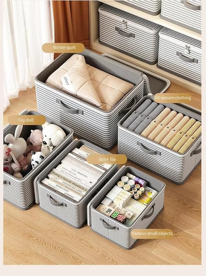 Foldable Storage Containers, Beige Striped Fabric Boxes with Lids, Stackable Closet Organizer Bins for Bedroom, Clothing Stor