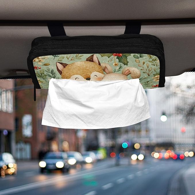 Car Tissue Holder Car Visor Organizer Tissue Box Holder for Car Sun Visor Organizer with Car Vehicle Accessories Essentials Interior for Women Men Christmas Fox Bunny Holly Leaf Green