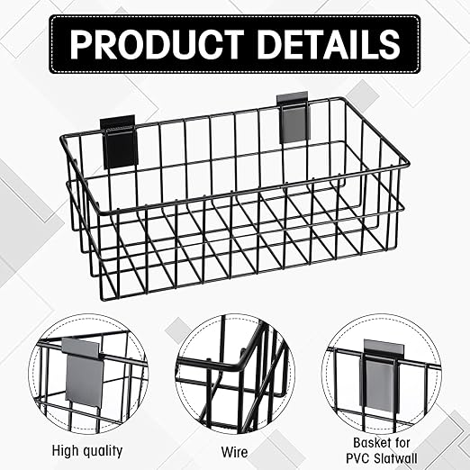 Hicarer 2 Pcs Slatwall Wire Baskets 13.5 x 7.5 x 4.5 Inch Metal Mounted Wall Organizer Basket Ventilated Hanging Slatwall Acc