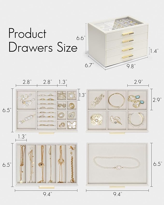 VLANDO 4 Layer Jewelry Box for Women, Glass Lid Jewelry Organizer with 4 Drawers for Necklaces Rings Earrings Bracelets - Clo