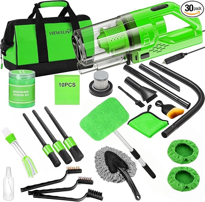 Viewsun 30pcs Car Cleaning Kit, Car Interior Detailing Kit with High Power Handheld Vacuum, Detailing Brush Set, Windshield C