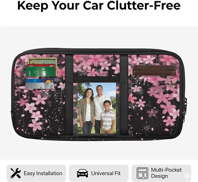 Car Sun Visor Organizer,Cherry Blossom Theme Card Sleeve Pocket with Double Zippers Adjustable Straps Auto Interior Accessories for SUV Truck Pickup