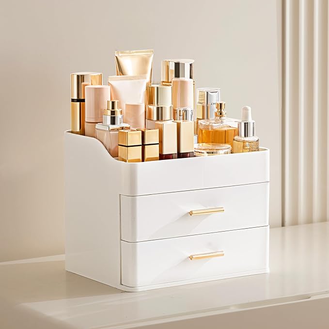 HBlife Makeup Organizer for Vanity with 2 Drawers, Large Bathroom Countertop Cosmetics Organizer Skin Care Storage, Easy to S