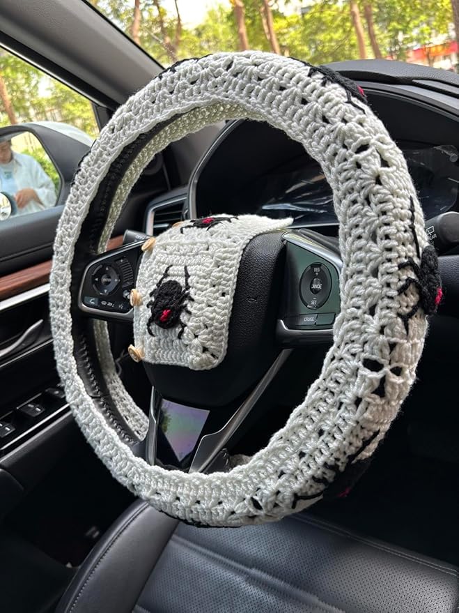 Crochet Spider Steering Wheel Cover Universal 14-15 inch (C,Wheel Cover+2 Belt Cover)