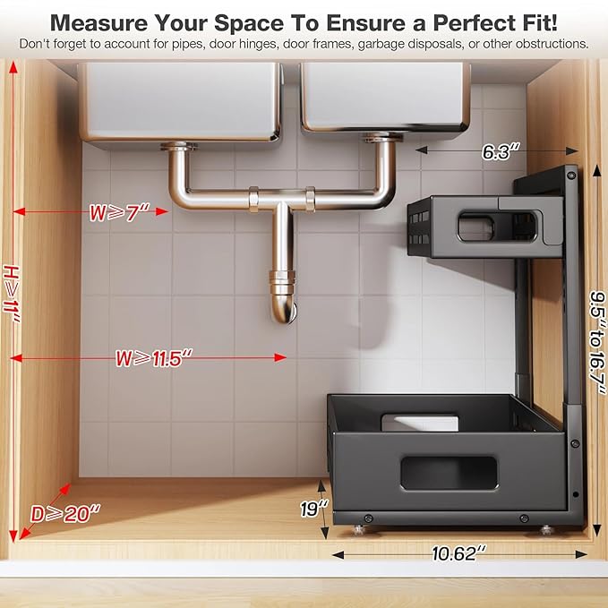 2 Pack 19IN-Depth Under Sink Organizer,Pull Out Cabinet Organizer With Smooth Cylindrical Rail,Metal Slide Out Drawer for Kit