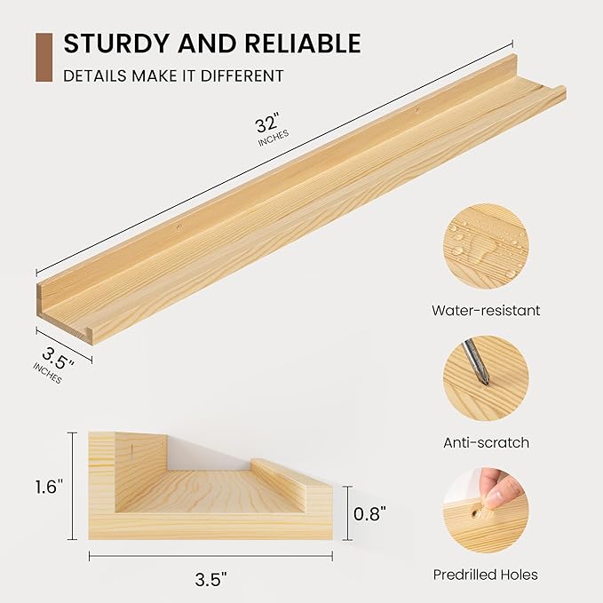 Picture Ledge Shelf, Floating Shelves Set of 2, 32 Inches Solid Wood Nursery Book Shelves for Toys Storage, Kids Bookshelf Wa