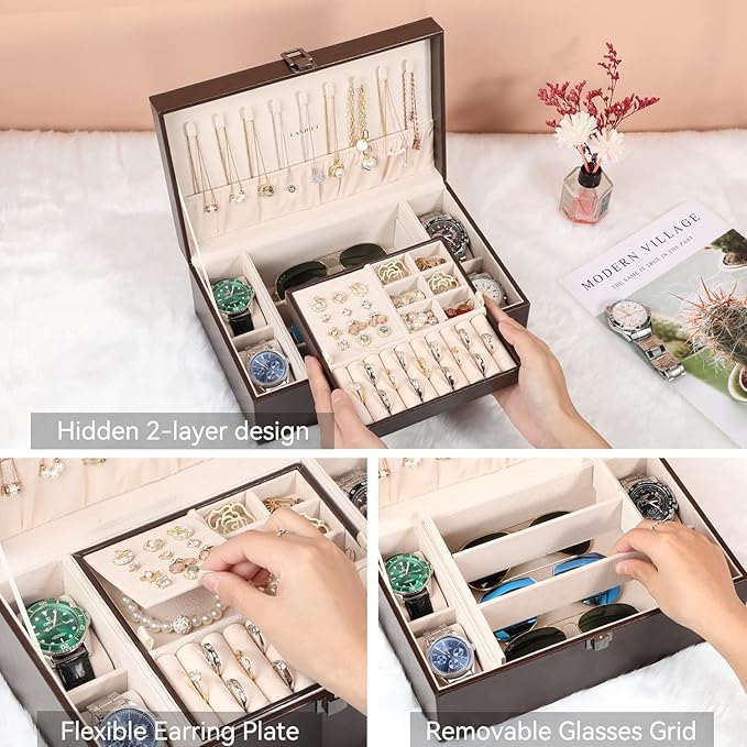 LANDICI Jewelry Box Organizer for Men Women, 2 Layer 4 Slot Watch Storage Case with Removable Tray, PU Leather Large Jeweller