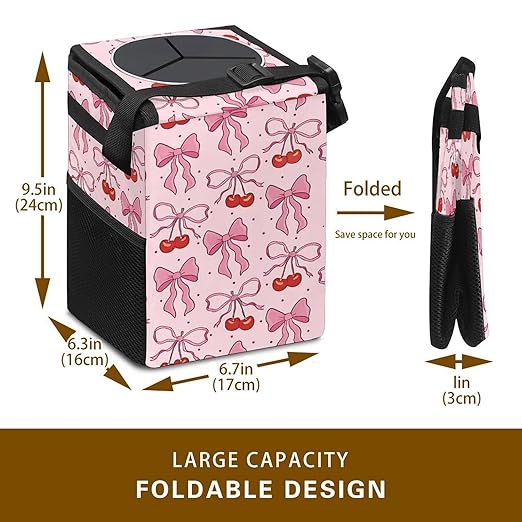 Pink Bow Car Trash Can with Lid Collapsible Reusable Waterproof Car Garage Bag,Automotive Garbage Can,Car Accessories Interior Car Organizer