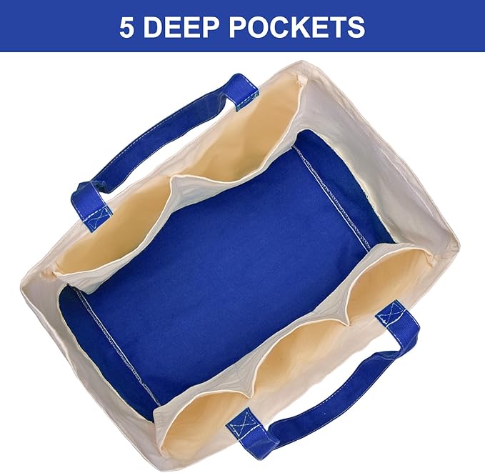 3 Pack Canvas Reusable Grocery Bags Heavy Duty, 8.3 gal Foldable Large Tote Bag with Handles, Holds 60 lbs Canvas Shopping Bags & Washable Eco-friendly Bags with 5 Pockets, Blue+Off White