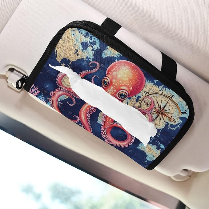 Car Tissue Holder Car Visor Organizer Tissue Box Holder for Car Sun Visor Organizer with Car Vehicle Accessories Essentials Interior for Women Men Blue Octopus Map Compass Coral