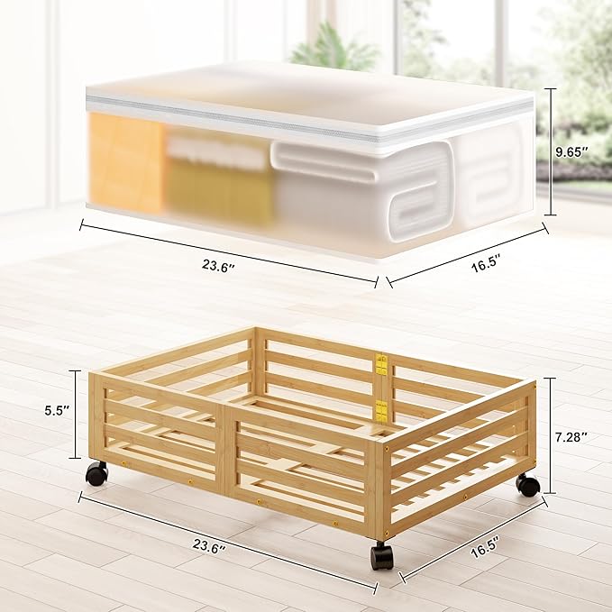 Under Bed Storage Containers With Wheels - 2 Pcs Bamboo Wood Rolling Underbed Shoe Storage Bins With Dust Bags for Clothes Bl
