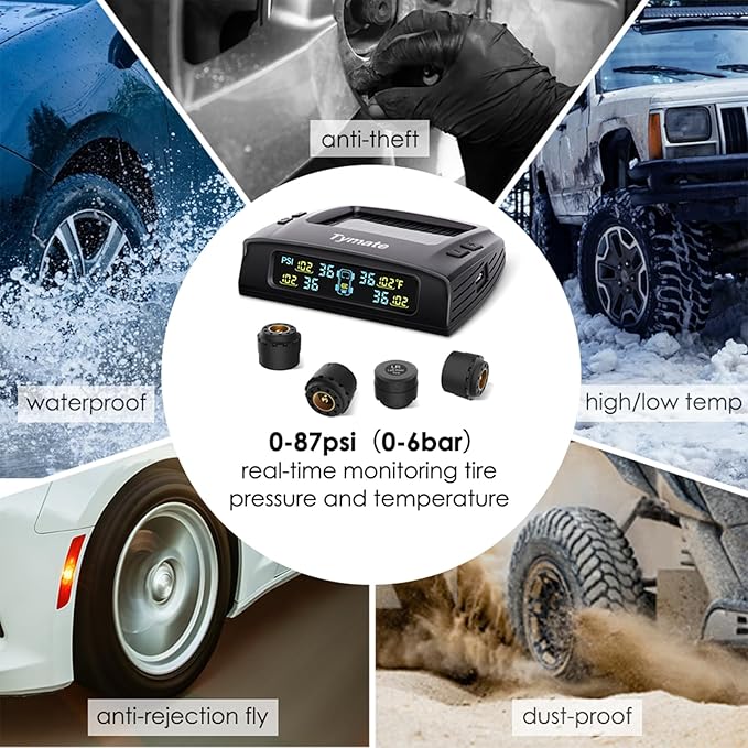 Tymate TM2 RV Tire Pressure Monitoring System, Tire Pressure Monitor with Solar Charge, TPMS with 4 Sensors(Max. 10) & 6 Alarm Modes, New Updated w/Color LCD Display, 0-87PSI for RV/Trailer/Truck/SUV