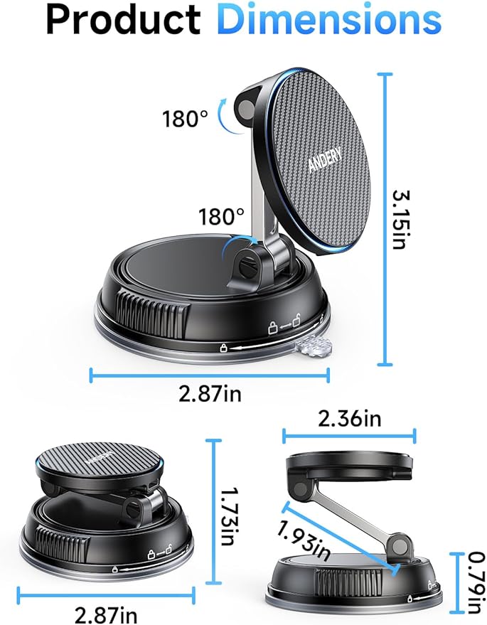 ANDERY Only for iPhone Magsafe Car Mount Charger [15W Wireless Faster Charging, 78+LBS Strongest Suction, 2400gf Strongest Magnetic] 360° Adjustable Car Phone Holder, Phone Holders for Your Car, Black