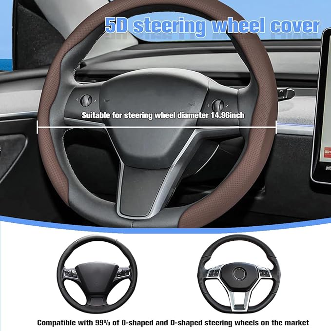Car Nappa Leather Steering Wheel Cover, 15" Fashionable 5D Anti-Slip Vehicle Steering Wheel Protector, Breathable Auto Interi