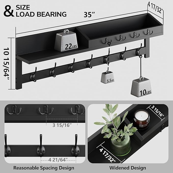 AMBIRD 35 inch Wall Hooks with Shelf, Coat Rack Wall Mount, Large Coat Hanger for Wall, Entryway Shelf with 7 Dual Coat Hooks