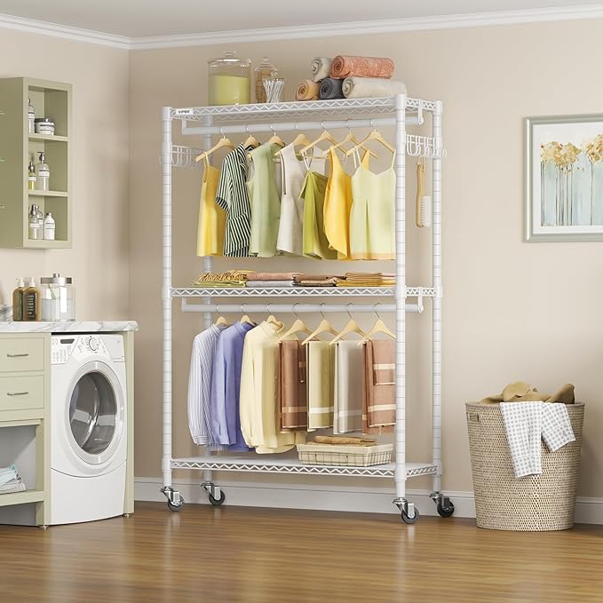 VIPEK R2 Plus Rolling Garment Rack 3 Tiers Adjustable Wire Shelving Clothes Racks with Wheels, Freestanding Wardrobe Storage 