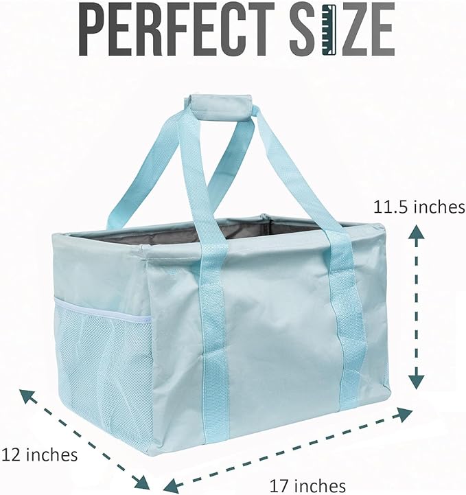 Extra Large Utility Tote Bag - Oversized Collapsible Tote with Wire Frame, Durable Reusable for Beach, Groceries, Laundry, Car Trunk, Storage and Travel - Includes 5x7 Bag with Hook - Light Blue