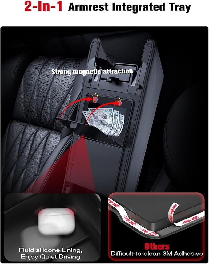 For 2025~2026 Mitsubishi Outlander (Not Fit Outlander Hybrid&Sport) 2-in-1 Silicone Center Console Armrest Cover&Armrest Hidden Privacy Tray - [OEM Design&Friendly Liquid Silicone Rubber] - Thin Black