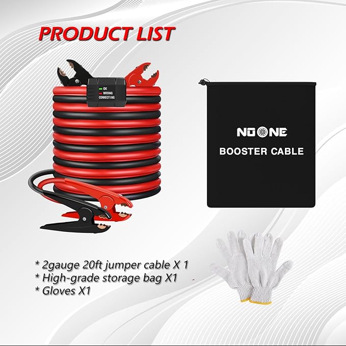 NOONE 2 Gauge 20FT Heavy Duty Jumper Cables for Car Battery, 800A Automotive Booster Cables with Reverse Polarity Protection for SUVs & Trucks, Includes Bag, Gloves