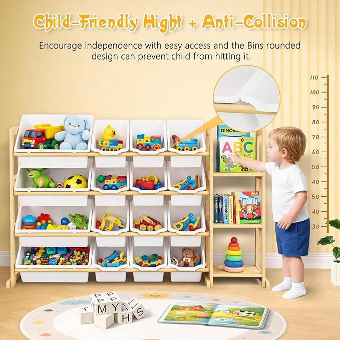 Kids Toy Storage Organizer with Bookshelf – Wooden Shelf with 16 Bins & 3 Shelves, Quick Assembly Storage Rack for Playroom, 