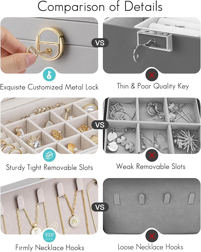 Vlando Jewelry Boxes for Women,2 Layers Jewelry Box with Lock,Birthday Gifts for Women Girls,Jewelry Organizers for Earrings 