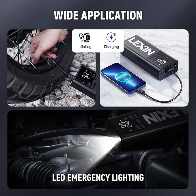 LEXIN P5 Tire Inflator Portable Air Compressor, 150PSI Electric Air Pump for Car Tires, 5000mAh Rechargeable Tire Inflator with Digital Pressure Gauge & Auto Shut-Off for Car, Motorcycle, Bike & Balls