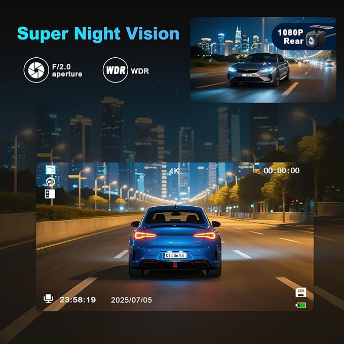 Dash Cam Front and Rear with 64GB SD Card, 4K Dash Camera for Cars with APP, 5G WiFi Car Camera, Built-in G-Sensor, 170° Wide