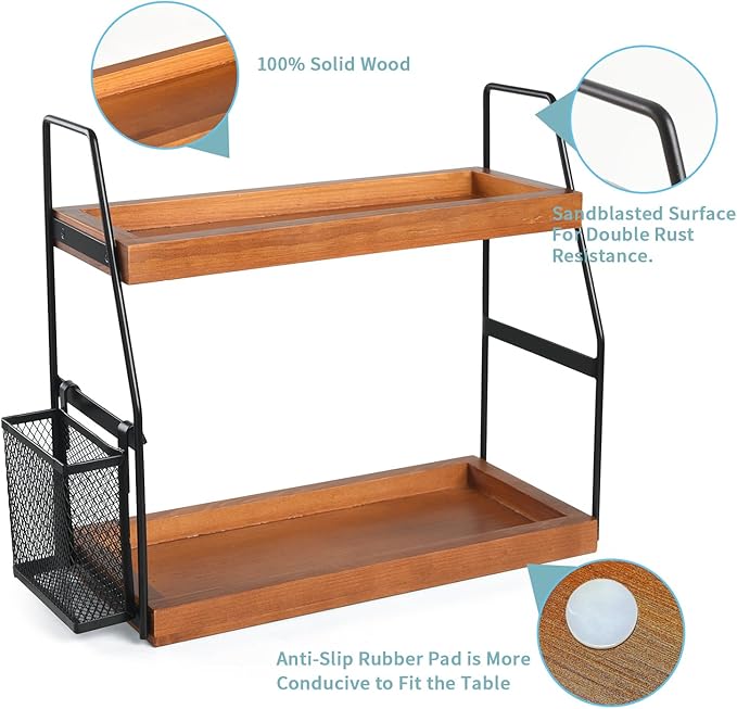 Bathroom Counter Organizer, 2-Tier Standing Storage Shelf with Basket, Wood Tray for Skincare Vanity Organizer(Brownish)