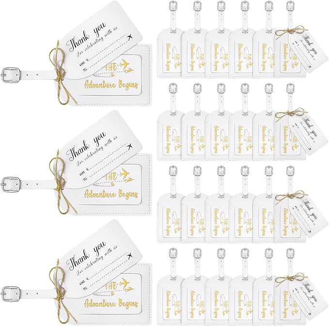 Sweetude 48 Sets Leather Luggage Tag Bulk and So The Adventure Begins Luggage Tags with Name Card for Wedding Bridal Shower B