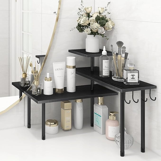Homode Bathroom Counter Organizer Corner Shelf, Kitchen Countertop Organizer, 3 Tier Wood Counter Shelf Stand for Over The Si