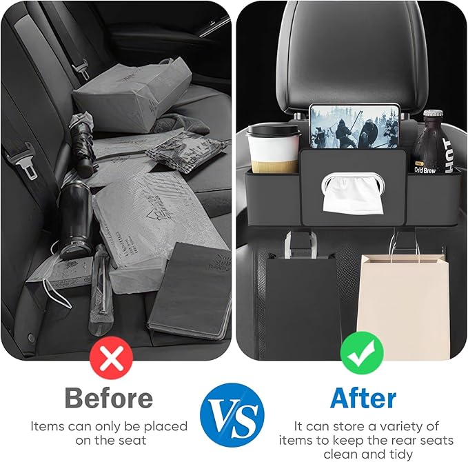 Car Back Seat Organizer with 1 Pack of 80 Tissues, Car Seat Back Tissue Box, and Storage Hook, Multi-Functional Organizer for Phone, Drinks, Handbag, Garbage Bags, Fits Most Car Models