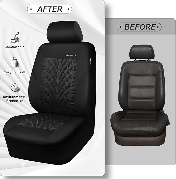 CAR PASS Car Seat Covers Two Front Only for Car, 3D Tyre Print Automotive Interior Covers, Airbag Compatible, Quick Setup Uni